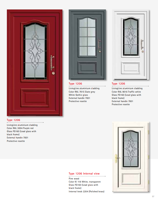 Type 1206 LivingLine – Lead Frame Ornamental Glass LivingLine Door, Purple Red or Slate Grey Finish, White Pine Interior, Polished Brass Knob, FG160 Glass, Anti-Vandal Safety